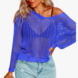 AI'MAGE Womens Blue Crochet Long Sleeve Hollow Out crochet Sweater Size XL